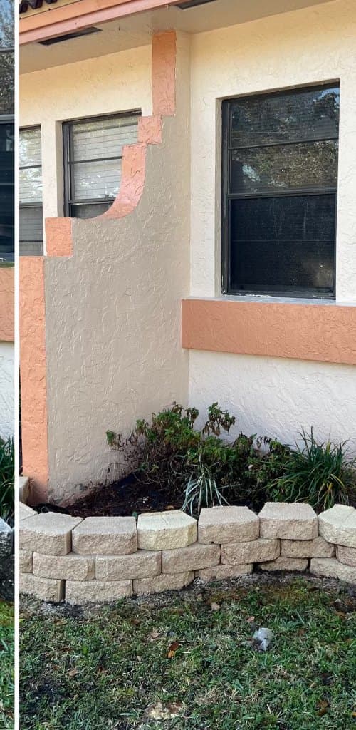 The same corner after Sheesh soft washing — clean stucco and bright wall blocks