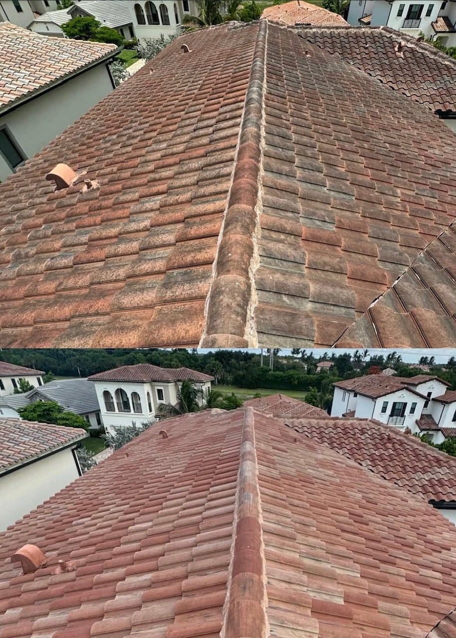 Barrel-tile roof restored to vivid terracotta after a soft wash