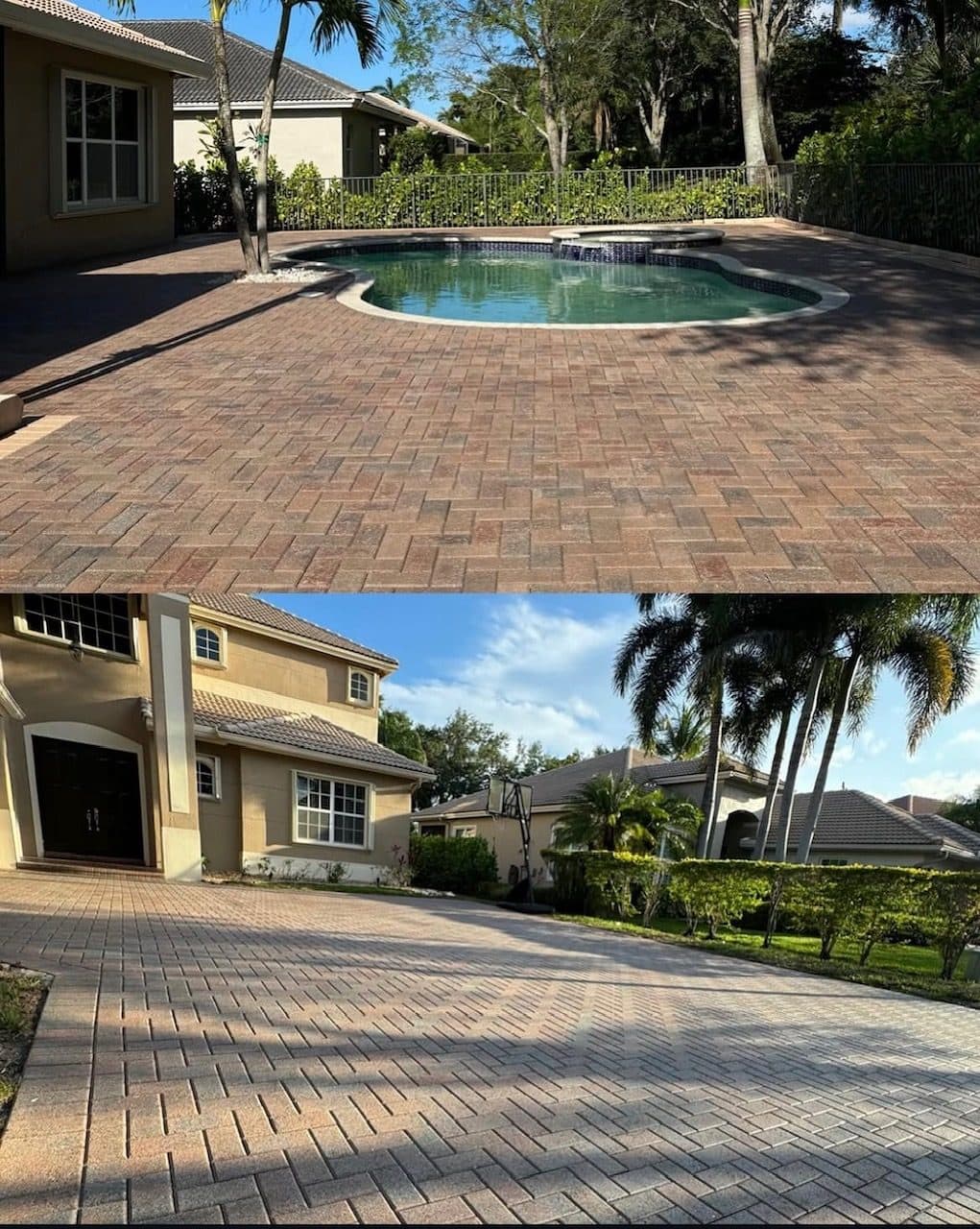 Brick paver pool deck and driveway cleaned of grime