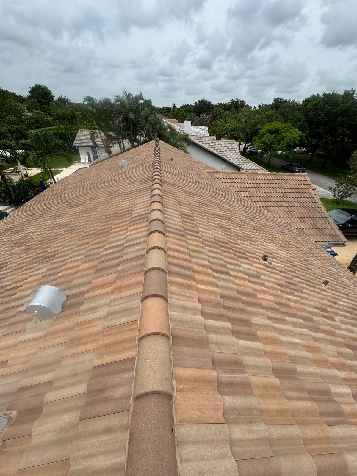 Clean terracotta barrel-tile roof after soft washing