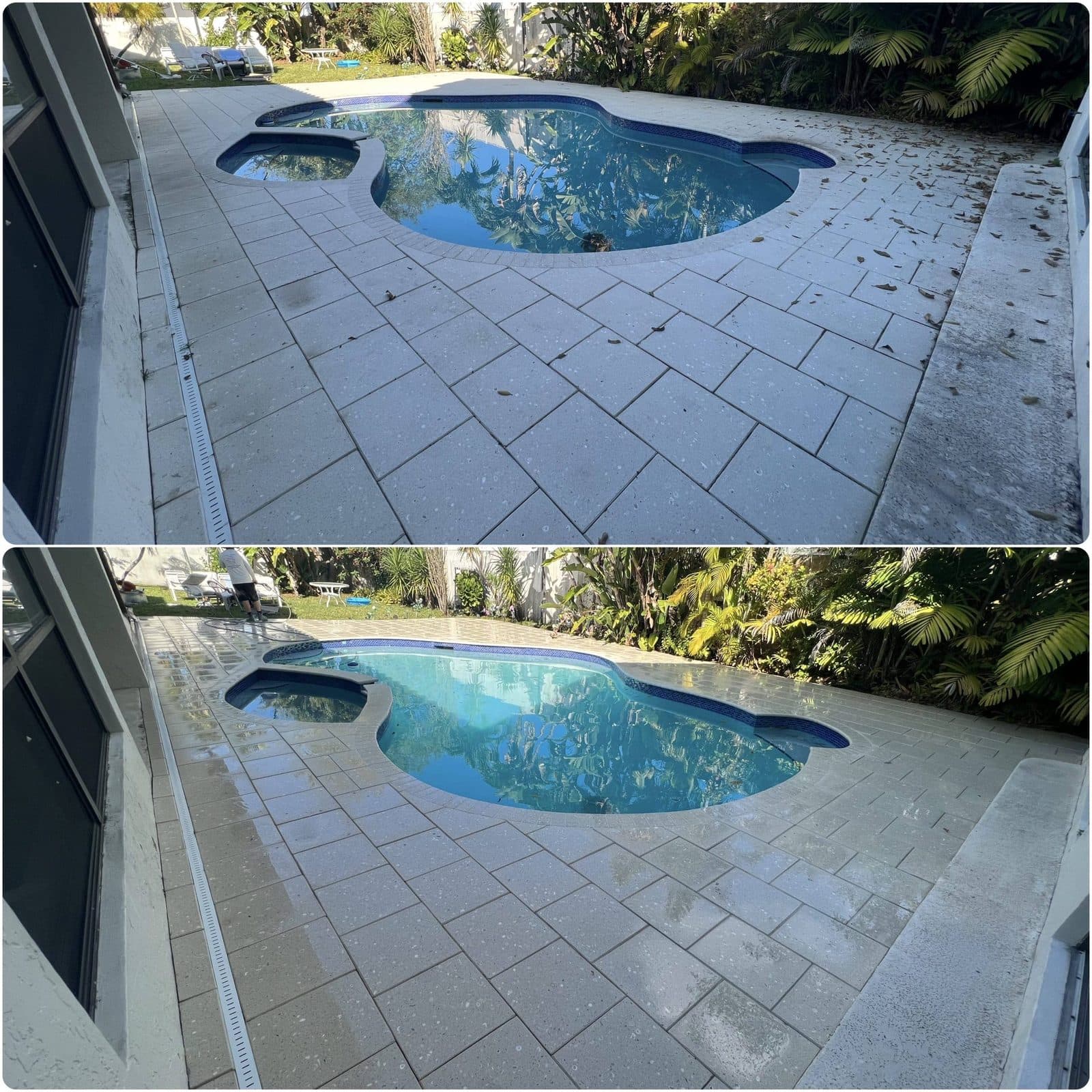 Pool-deck flatwork brightened from dull and stained to clean